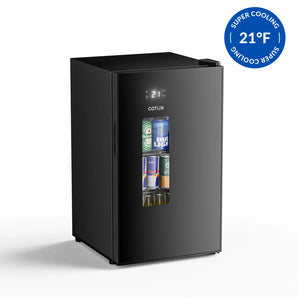 Front view of the Cotlin BG-72Y32 ultra-cold beverage cooler with a digital 21°F temperature display and glass viewing window.