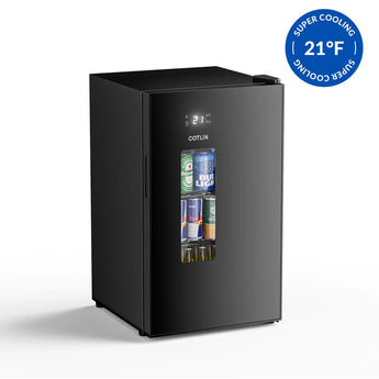 Front view of the Cotlin BG-72Y32 ultra-cold beverage cooler with a digital 21°F temperature display and glass viewing window.